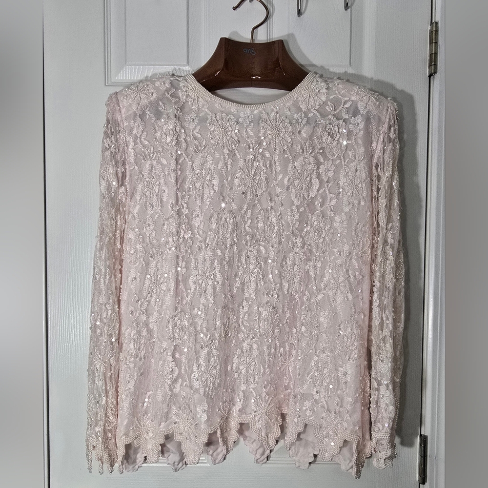 Laurence Kazar Pale Pink Long-Sleeve Lace Sequin Formal Old Hollywood Wedding